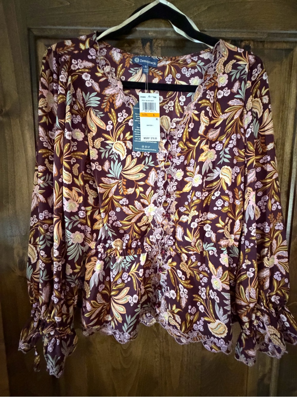 Democracy Burgundy Floral Lace-Trim Peplum Top S